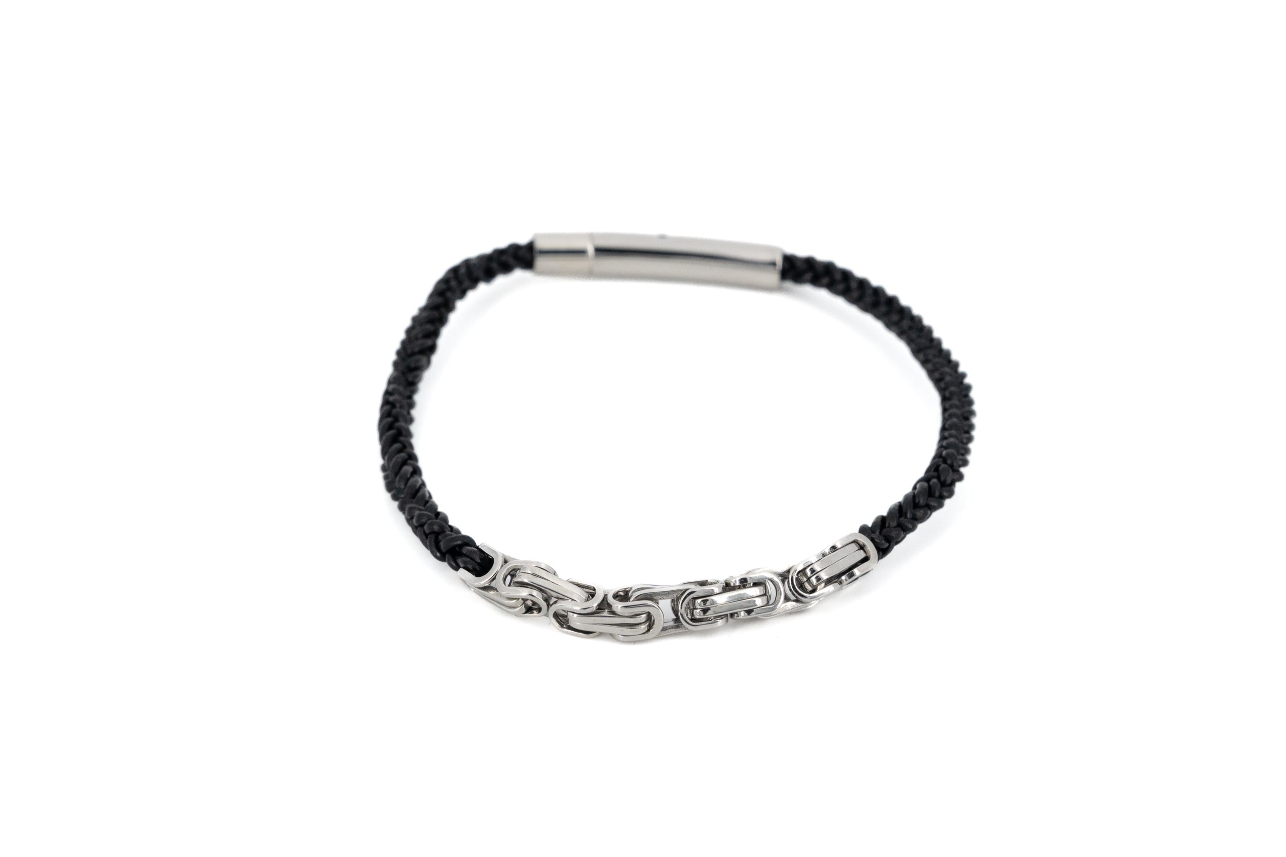 Leather and steel braided bracelet