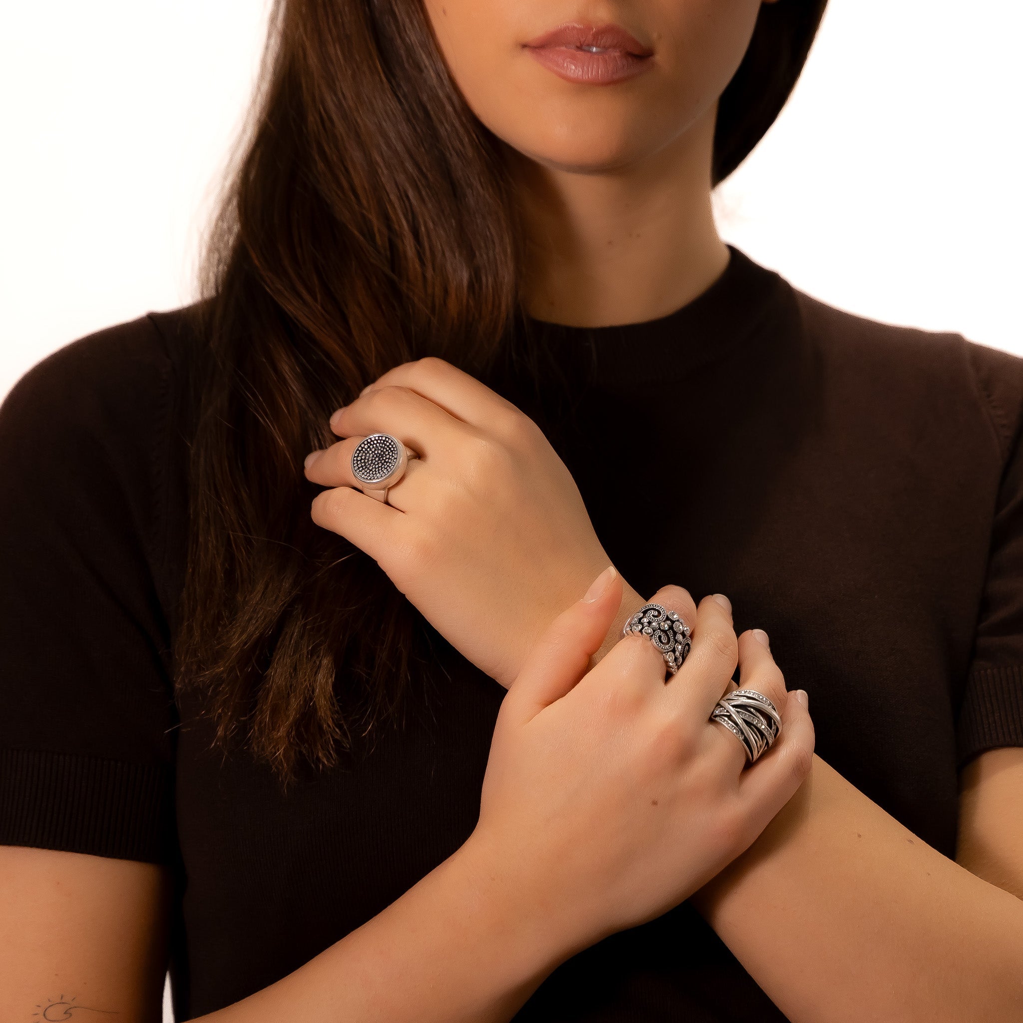 Anello intreccio tre file strass - KLK