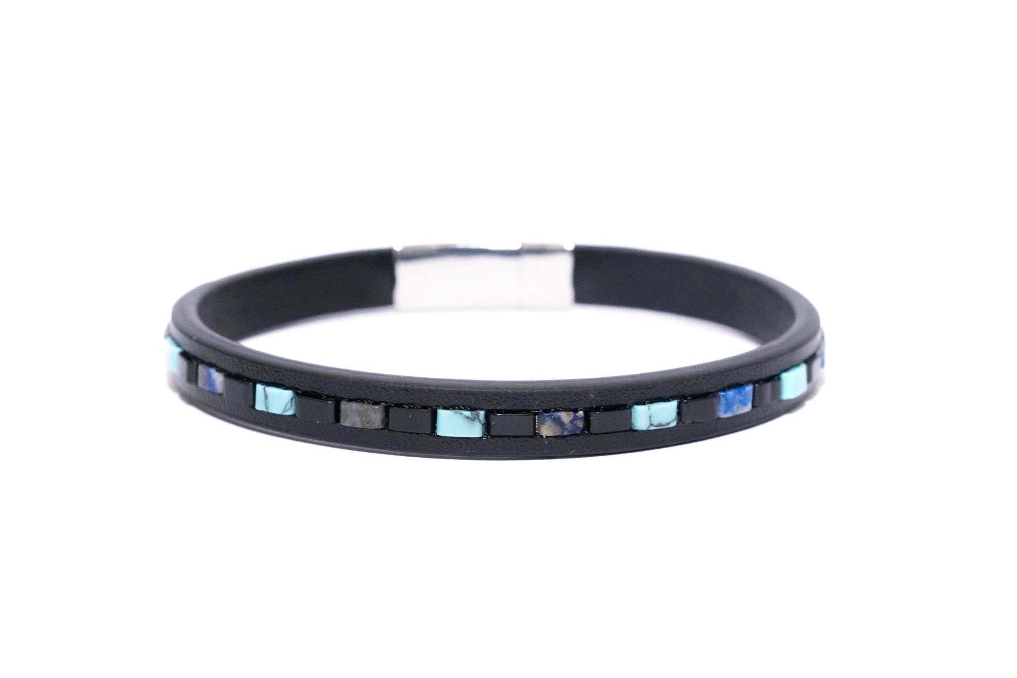 Bracciale pelle con pietre nere blu - KLK