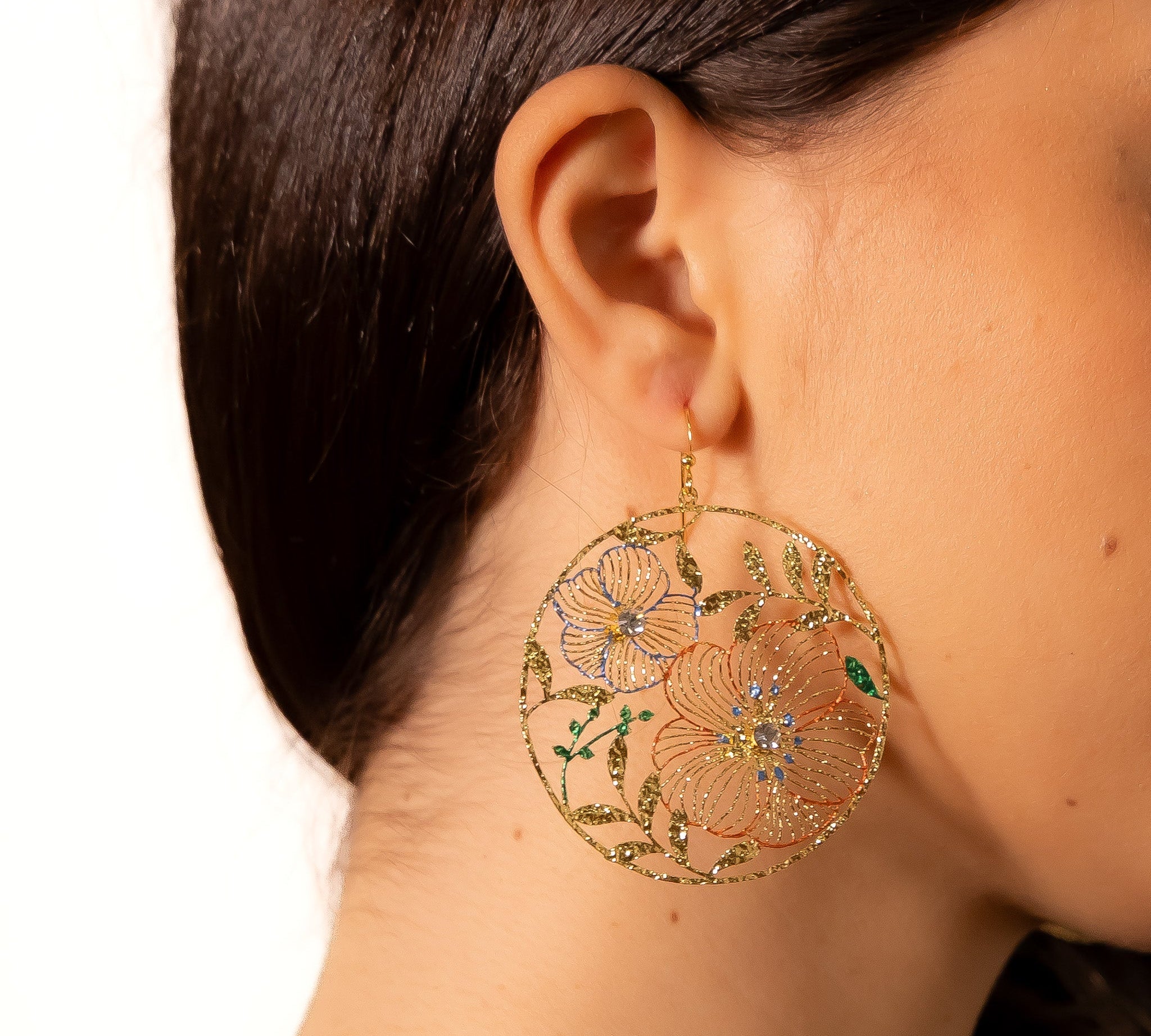 Orecchini fiori smaltati strass - KLK