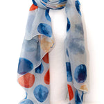 Sciarpa estiva con pois grandi, e sfumature colorate in marrone, blu o rosa.  ﻿Dimensioni: ﻿90x180 cm  Materiali: viscosa e cotone